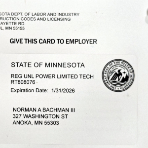 Norm Bachman III - MN Reg Unl. Power Limited Tech - Low Voltage License